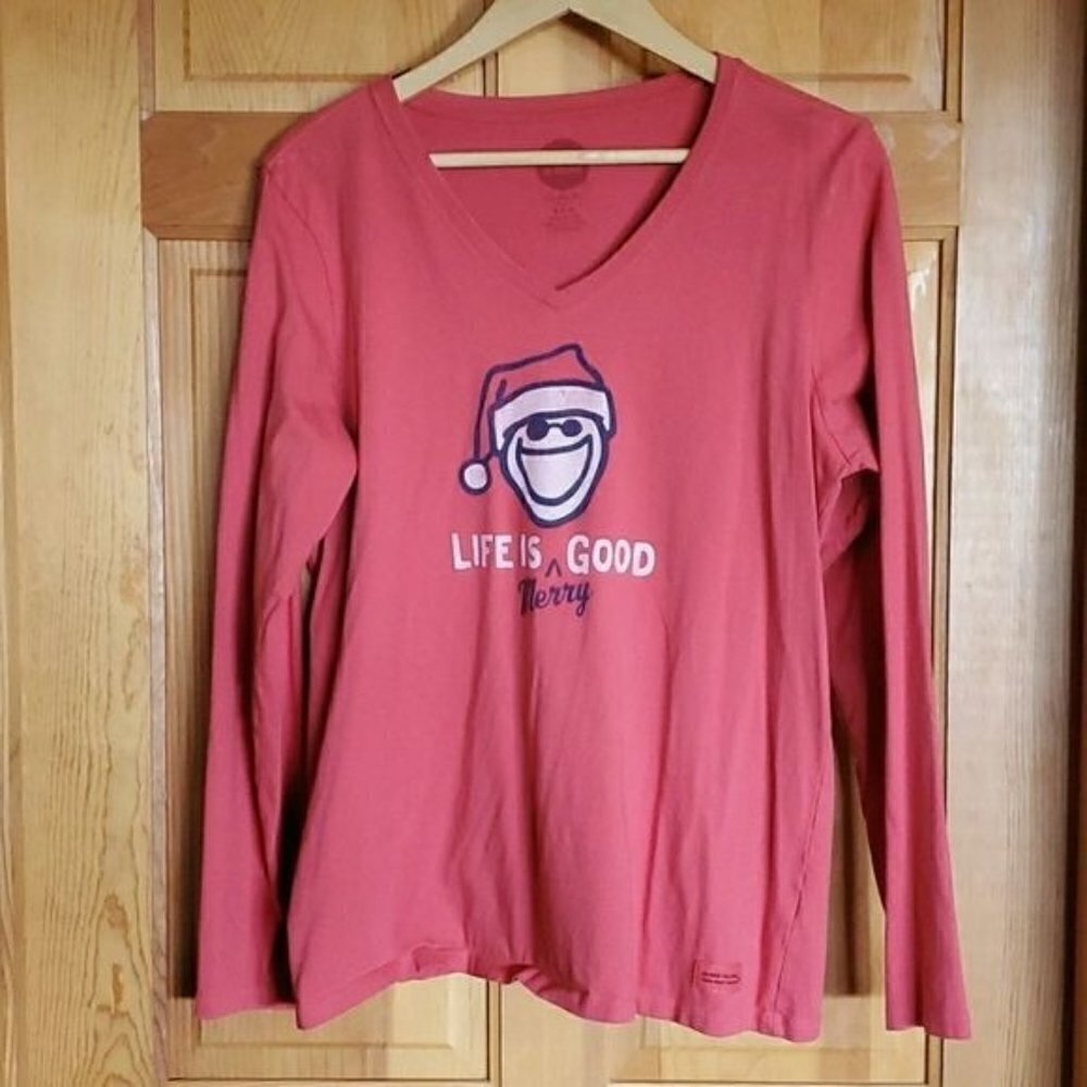 Life is Good Graphic Santa Hat “Life is MERRY Good" LS Crusher Sz L T-shirt
